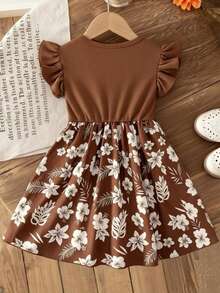 女童甜美公主连衣裙，咖啡色罗纹短袖，喇叭袖设计，前襟纽扣装饰，蝴蝶结腰带，印花喇叭裙摆，适合生日及日常穿着 - 咖啡棕 - 查看 7