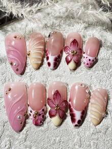 Handmade 3D Flower Diamond Pearl Sequin Round False Nails, Medium-Long Artificial Nail Stickers For Women - Pink - View 4