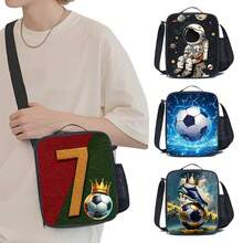 Football/Astronaut Pattern Kids/Adults Insulated Lunch Box/Bag With Adjustable Shoulder Strap, Side Pockets, Suitable For Camping, Hiking, Picnic, Beach, Travel - Black - View 2