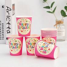 Conjunto de 10 copos descartáveis de papel com estampa de letras "Feliz Aniversário", ideais para até 10 convidados, perfeitos para festas, aniversários, encontros, acampamentos ao ar livre e atividades de integração de equipes. - Vermelho - Ver 7