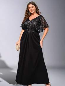 EVERPRETTY 大码优雅深V领美人鱼黑色晚礼服，黑色蝙蝠袖短袖亮片正式礼服，适合新娘母亲及正式晚宴穿着 - 黑色 - 查看 9