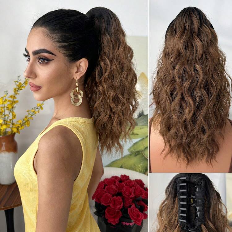 Claw Shaped Ponytail Extension Hair Accessory Brown Gold Gradient Gold Gradient Brown Gradient Gray Gradient Black Brown Multi-Color 16 Inch Water Ripple Heat-Resistant Fiber Synthetic Ponytail Wig, Suitable For Women's Christmas, Halloween Music Festival Parties And Daily Use - Two-Tone - View 20