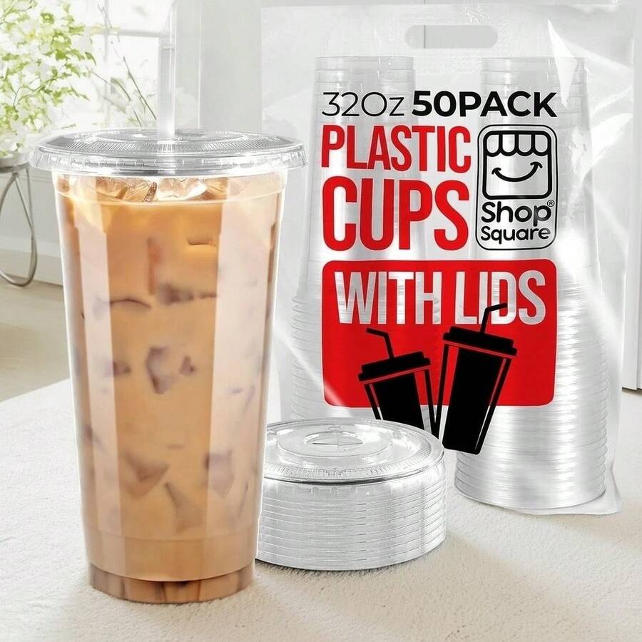 50-Count Reusable Plastic Cups With Lids - Ideal For Iced Coffee, Milkshakes, Boba Tea, And Smoothies - Multicolor - View 1