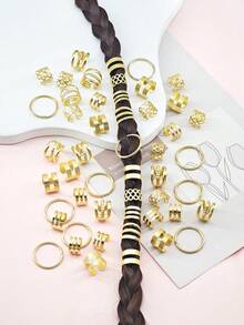 50颗合金波西米亚风迷你脏辫珠，波西米亚复古镂空时尚发圈套装，圆形纯色发饰，适合女性和女孩 - 金色 - 查看 4