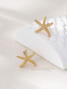 1对简约金色海星耳钉，适合女性佩戴 - 金黃色 - 查看 4