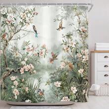 复古花鸟图案浴帘，适合浴室装饰，亚洲风格，充满活力的花卉、植物、枝条、牡丹自然艺术印花，涤纶防水面料，配塑料挂钩，适用于家居、酒店、度假村，亦可作为礼物。 - 彩色 - 查看 4