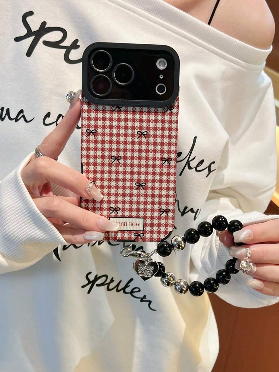 Leather Fashion Phone Cases Red Plaid Bow Flower Leather Texture Phone Case With Handmade Beaded Heart Strap, Compatible With IPhone XR, 11, 12, 13, 14, 15, 16, 17, 17 Pro, 17 Pro Max Spring Gift Case - Multicolor - View 1
