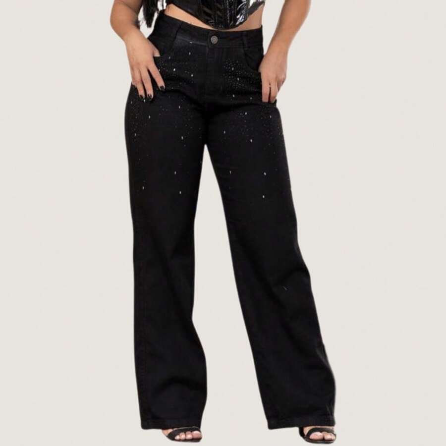 Calça Wide Leg Feminina Preta Cintura Alta Com Brilho Strass - Preto - Visão 1