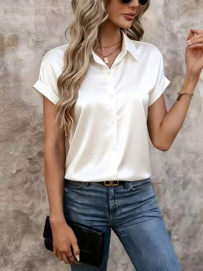 女士高级缎面短袖衬衫，垂坠感好，不易起皱，适合职业女性穿着，百搭经典款。优质缎面面料，可机洗，易于打理，适合职业女性及正式场合，四季皆宜。