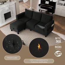 Sofás seccionales convertibles para sala de estar, sofá en forma de L, juego de sofá modular de 3 asientos con tela de poliéster y sofá otomano movible para apartamentos, oficina (gris oscuro) - negro - - Ver 6