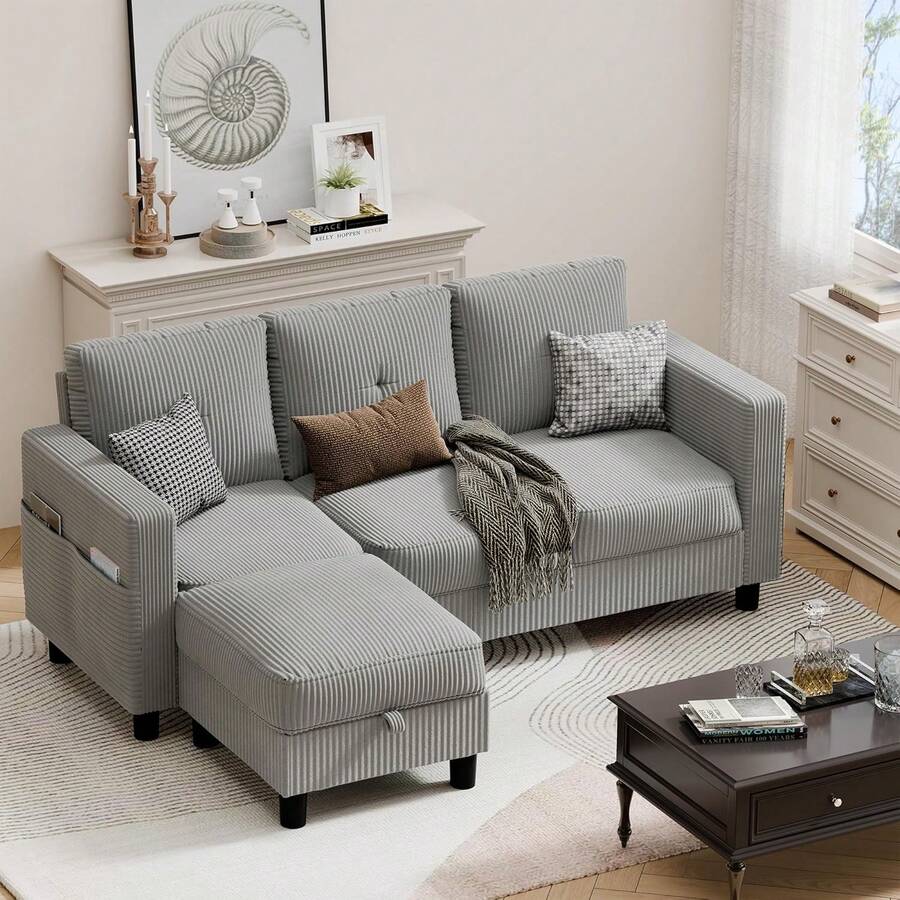 Sofás seccionales convertibles para sala de estar, sofá en forma de L, juego de sofá modular de 3 asientos con tela de poliéster y sofá otomano movible para apartamentos, oficina (gris oscuro) - Gris claro - Ver 1