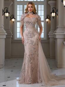Beaded, Sequin, Embroidered Lace 3D Floral Decor Fringed Shawl, Pleated Elegant Mermaid Hem Tulle Gown, Suitable For Weddings, Galas, Parties, Dry Clean Vacation Spring Party - Apricot - View 5