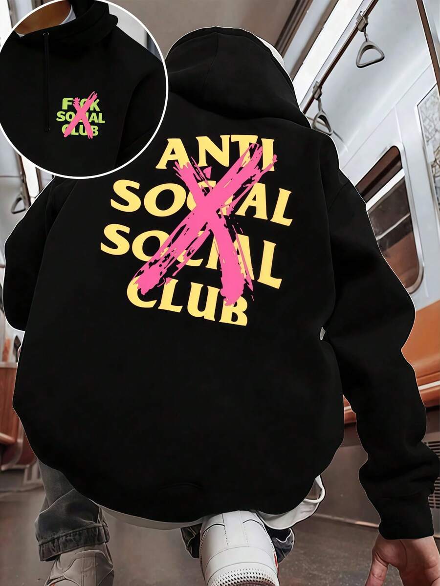 Fashion Front And Back ANTI Social CLUB Black And Pink Contrasting Graffiti Hooded Sweatshirt Street Style Pullover - màu đen - Xem 1