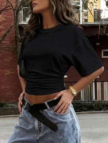 新款时尚优雅纯色休闲百搭腰部褶皱T恤，适合日常、上学、海滩、度假和居家穿着。 - 黑色 - 查看 3