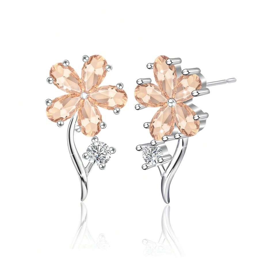 925纯银镶嵌立方氧化锆花朵耳钉，简约经典款式，适合日常佩戴，生日礼物 - 銀色 - 查看 1