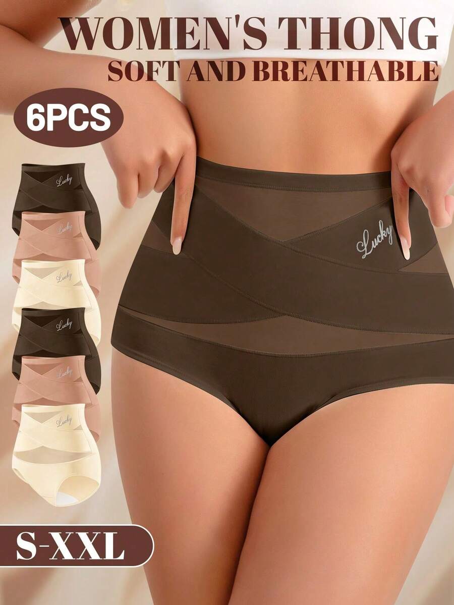 MEIYATING 6 chiếc quần lót định hình cạp cao dành cho nữ, chất liệu lưới thoáng khí, kiểu đan chéo, ôm sát bụng, không đường may, giúp thon gọn và nâng đỡ vòng một.