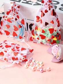 50个情人节心形束口欧根纱袋 - 红白条纹，非常适合装珠宝、婚礼回礼和派对礼物。浪漫礼物 | 节日欧根纱袋 | 精致展示袋、珠宝袋、装饰袋，高品质，精美材质，礼品包装，活动策划 - 彩色 - 查看 5