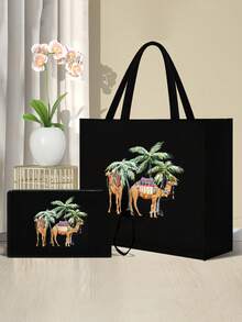 Linen Tote Bag, Including Two Camels And Coconut Tree Pattern Printing Tote Bag And A Printed Small Bag, Letters, Flowers, Personalized Gift Package, Eid Combination Of Small And Large Bags, Family Reunion Devout,Suitable For Weddings, Birthdays - Multicolor - View 7