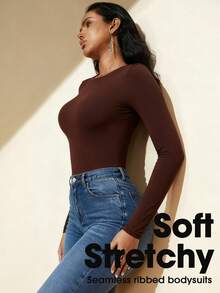 2pcs Women Seamless Black Round Neck Long Sleeve Thermal Jumpsuit, Sexy Shapewear Tummy Control Jumpsuit, Waist Trainer Shaper - Multicolor - View 4