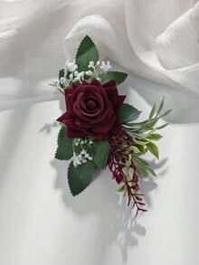 1pc/6pcs Burgundy Rose Flower With Faux Green Leaves, Romantic Boutonniere Suitable For Groom, Groomsmen, Bride, Bridesmaids, Wedding, Anniversary, Banquet - Burgundy - View 3