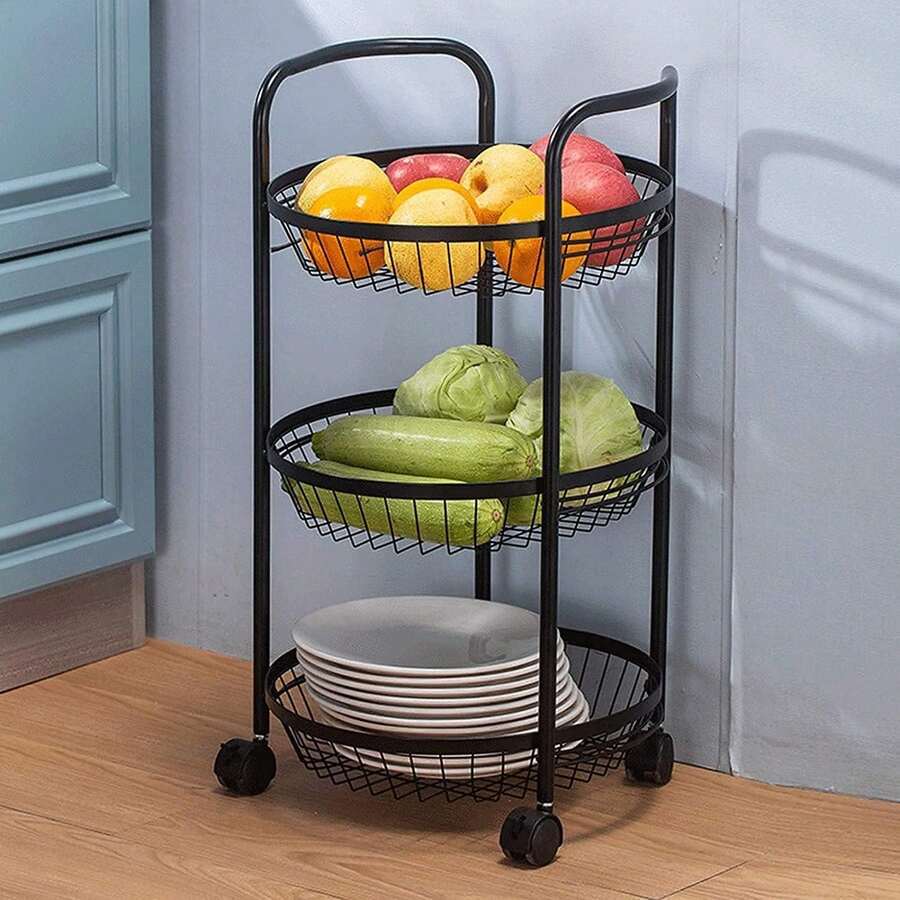 Storage Rack, Kitchen Fruit And Vegetable Rack, 3-Tier Rolling Basket With Wheels, Multifunctional Fruit And Vegetable Rack, Rolling Storage Cart, Kitchen Shelf For Kitchen, Bathroom And Living Room - 黑色 - 查看 1
