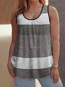 Plus Size Women Elegant Sleeveless Patchwork Color Tank Top, Front Ruched Crafted Top Casual Vacation Summer - Grey - View 3
