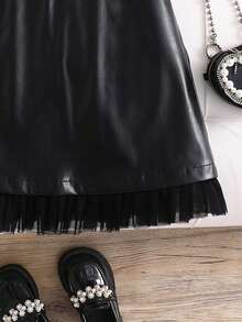 Girls' Summer Skirt, Fashion PU Leather Soft Mesh Ruffle Elegant Versatile Black Classic Style Sexy Girl Skirt - Black - View 9