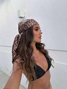 1pc Women's 90cm Leopard Print Square Scarf, Fashion Vintage Satin-Feel Bandana And Headband, Versatile Neck Wrap Or Hair Scarf, Lightweight Shawl Accessory For Daily Wear, Work, Travel, All-Season Outfits, And Chic Gift Idea - 03-咖啡 - 查看 2