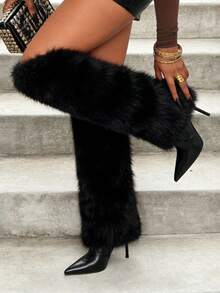 Women's Faux Fur Winter Fluffy Knee High Boots Warmers Sexy Soft Boot Cuffs Cover Pointed Toe High Heel Dressy Fold Over Tall Boots - 黑色 - 查看 2