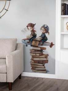 1pc Cute Pilot Girl Reading Book Airplane Stacked Books Wall Decal, Removable Wall Sticker For Bedroom, Living Room, Nursery - Brown - View 1