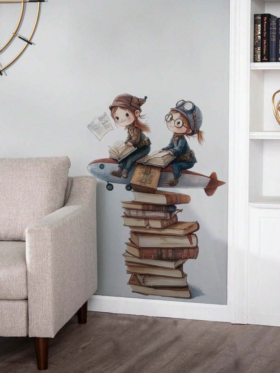 1pc Cute Pilot Girl Reading Book Airplane Stacked Books Wall Decal, Removable Wall Sticker For Bedroom, Living Room, Nursery - Brown - View 1