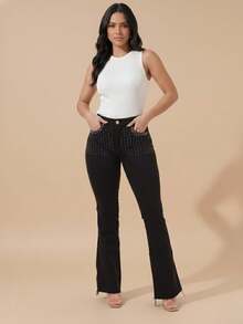 pthirillo Women's Black Flare Jeans With High-Waisted Butt-Lifting Effect And Rhinestone Detail. - 口袋水鑽 - 查看 9