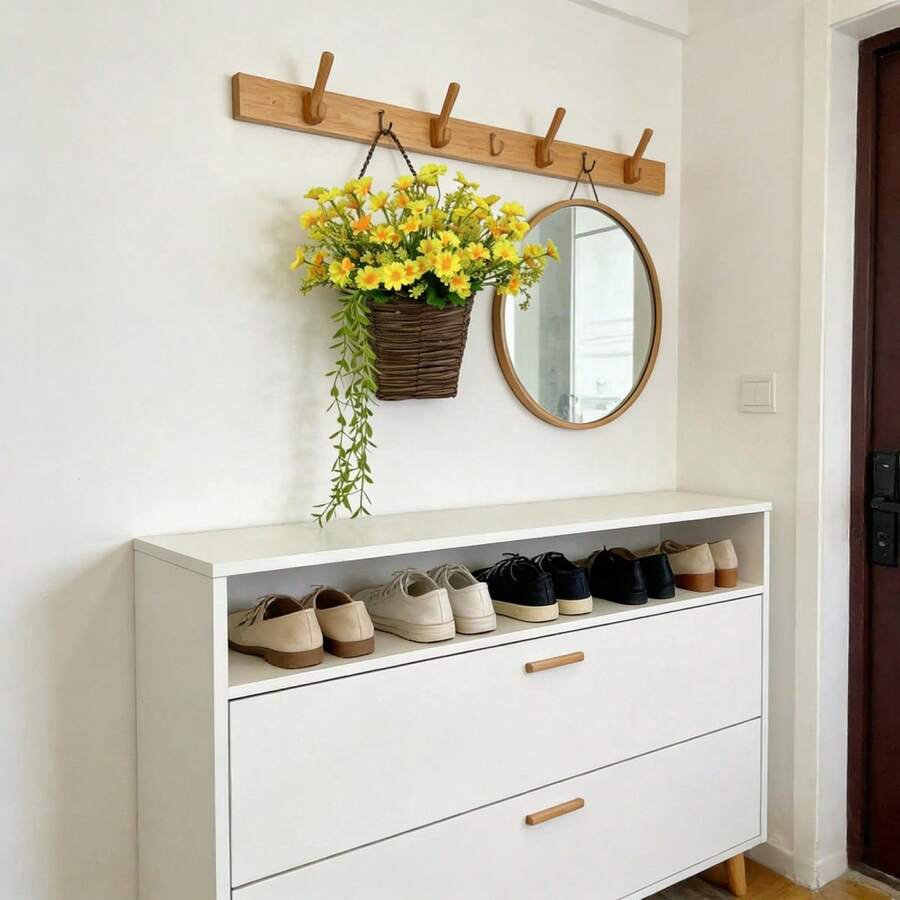 Artificial Flower Basket Realistic Faux Daisy Front Door Wreath Fake Hanging Floral Decorations For Farmhouse Home Holiday - 黃色 - 查看 1