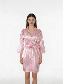 1 Pc Elegant Pink Satin Robe , Sexy Short Satin Silk Soft Sleepwear, Suitable For Bride, Bridesmaid, Home Use. - Hồng - Xem 3