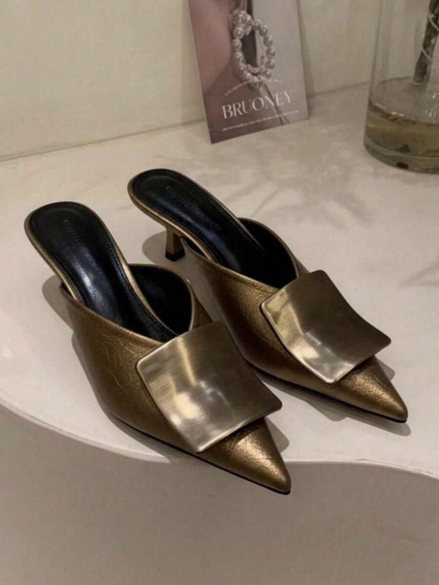 女士时尚尖头高跟鞋、穆勒鞋 - 金色 - 查看 1