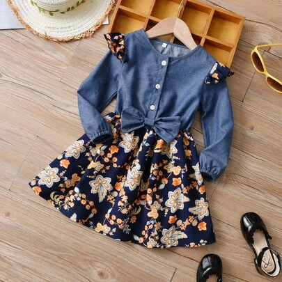 Girls' Fashionable Ditsy Floral Denim Effect Princess Dress, Spring/Autumn