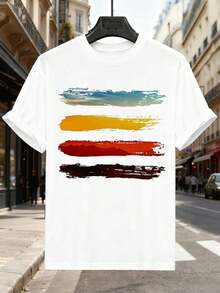 Camiseta con estampado abstracto de rayas de colores, 100 % algodón, corte holgado, ajuste cómodo, estilo hip-hop callejero, diseño gráfico. - Blanco - Ver 2
