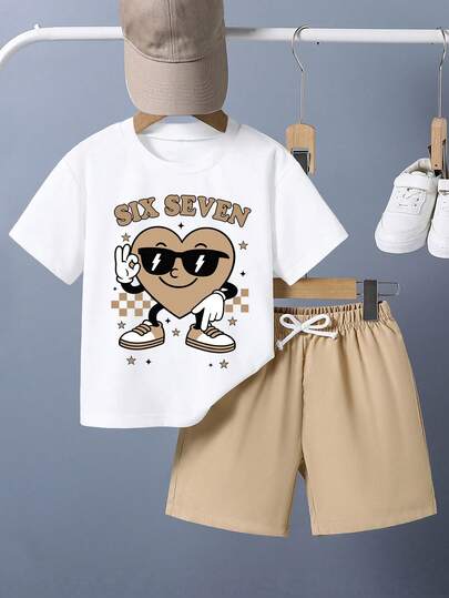 男童卡通印花短袖T恤和短裤夏季套装