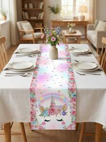 1pc Pink Unicorn & Rainbow/Star/Floral Pattern Unicorn Theme Table Runner, Dreamy Girly Style Polyester Rectangular Tablecloth Decor - With Sparkling Star Accents, Pink Floral Trim And Unicorn Horn Details, Pink Unicorn Tabletop Decor For Room Decoration, Holiday Atmosphere Setting, Suitable For Girl's Birthday Party Decoration And Home Indoor Gathering - Unicorn - View 4