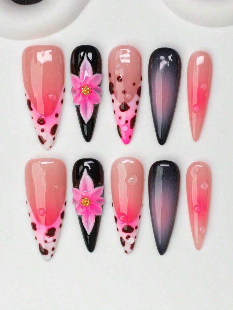 10pcs/Set Handmade Almond-Shaped Y2K Baddie Style Press-On Nails,, Black, Pink Colors With French Tips, Floral, Texture Designs, Suitable Women & Girls, Party, Daily Wear, Includes Kit, Great - 彩色 - 查看 1