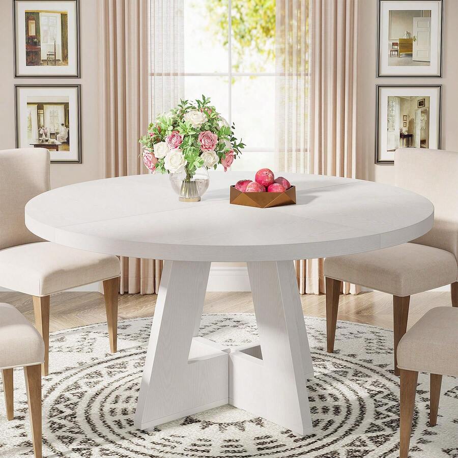 Tribesigns Farmhouse Dining Table, 120 Cm Round Dinner Table For 4, Rustic Wood Dining Room Table For Home Dining Room Living Room (Easy Assembly)(White)