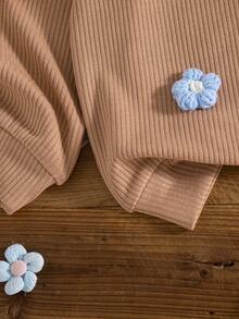 2件套女童休闲碎花圆领长袖卫衣长裤套装，春秋季 - 卡其色 - 查看 7