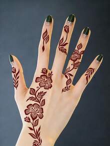 2 张酒红色叶子和花朵图案的防水防汗一次性临时纹身贴纸，适合女性，性感人体彩绘，是派对和节日装饰的理想选择。 - 酒紅色 - 查看 3