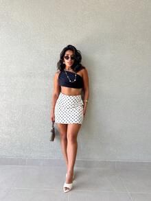 Polka Dot Skirt Shorts (Crocheted Knit Fabric) - 杏色 - 查看 4