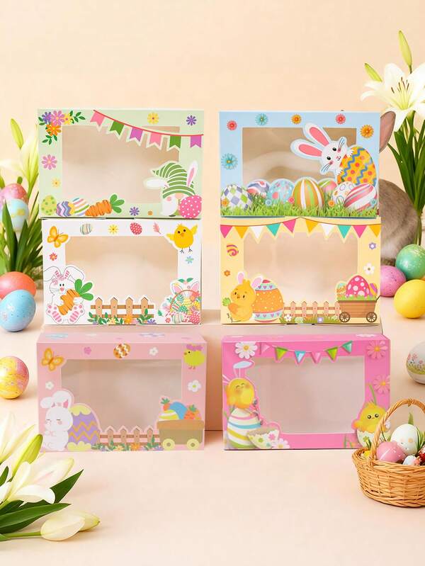 6pcs Easter Bunny & Chick Pattern Gift Boxes With Transparent Window, Easter Bunny Candy Boxes, Baking Bags, Food Packaging Bags, Easter Decorations, Easter Party Supplies, Suitable For Easter Holiday Birthday Party Gifts Packaging, Easter Gifts, Home Decor, Kitchen Tabletop Decor