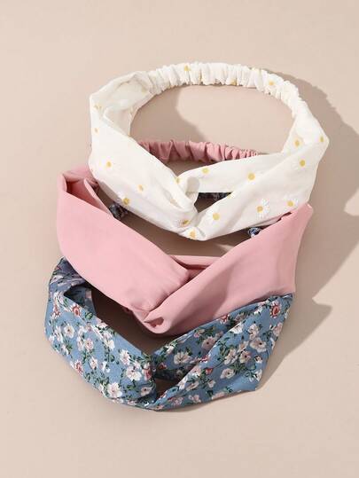 3pcs Women Minimalist Daisy Ditsy Floral Headbands, Pink White Blue, Suitable For Daily, Autumn/Winter, Party Matching Workout Hair Band Running Hair Accessories Yoga Head Scarf Sport Sweatband Summer Outfits