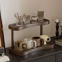 双层不规则形状置物架，开放式设计，简约风格，适用于玄关、办公室、客厅 - 节省空间，可收纳香水、化妆品、杯子 - 坚固的竹制结构，工艺精湛，多功能置物架，易于组装 - 胡桃色 - 查看 2