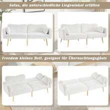 [Sleeping Function] 2-Seater Sofa Bed - Modern 2-Seater Sofa With Adjustable Backrest And Gold Metal Legs, Integrated Bed Function. Multifunctional 2-In-1 Furniture. - White - View 5
