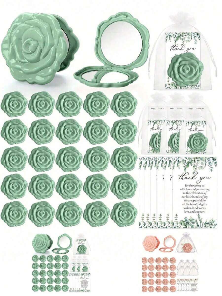 30pcs/15pcs Green Rose Compact Mirror Wedding Favors, Includes 10pcs/5pcs Mirrors, 10pcs/5pcs Thank You Cards And 10pcs/5pcs Organza Bags, Elegant Wedding Souvenirs, Suitable For Guest Favors, Princess Theme Party Gifts, Bridal Shower Gifts, Proposal Parties, Tea Parties, Mother''s Day Parties - Multicolor - View 1