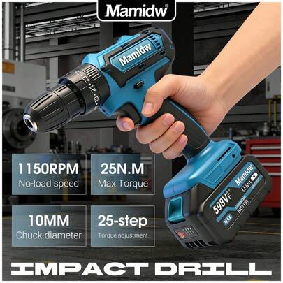 Mamidw 10mm Cordless Electric Drill 25N.M Electric Screwdriver Three Functions Impact Drill For Makita 18V Battery, NO Battery